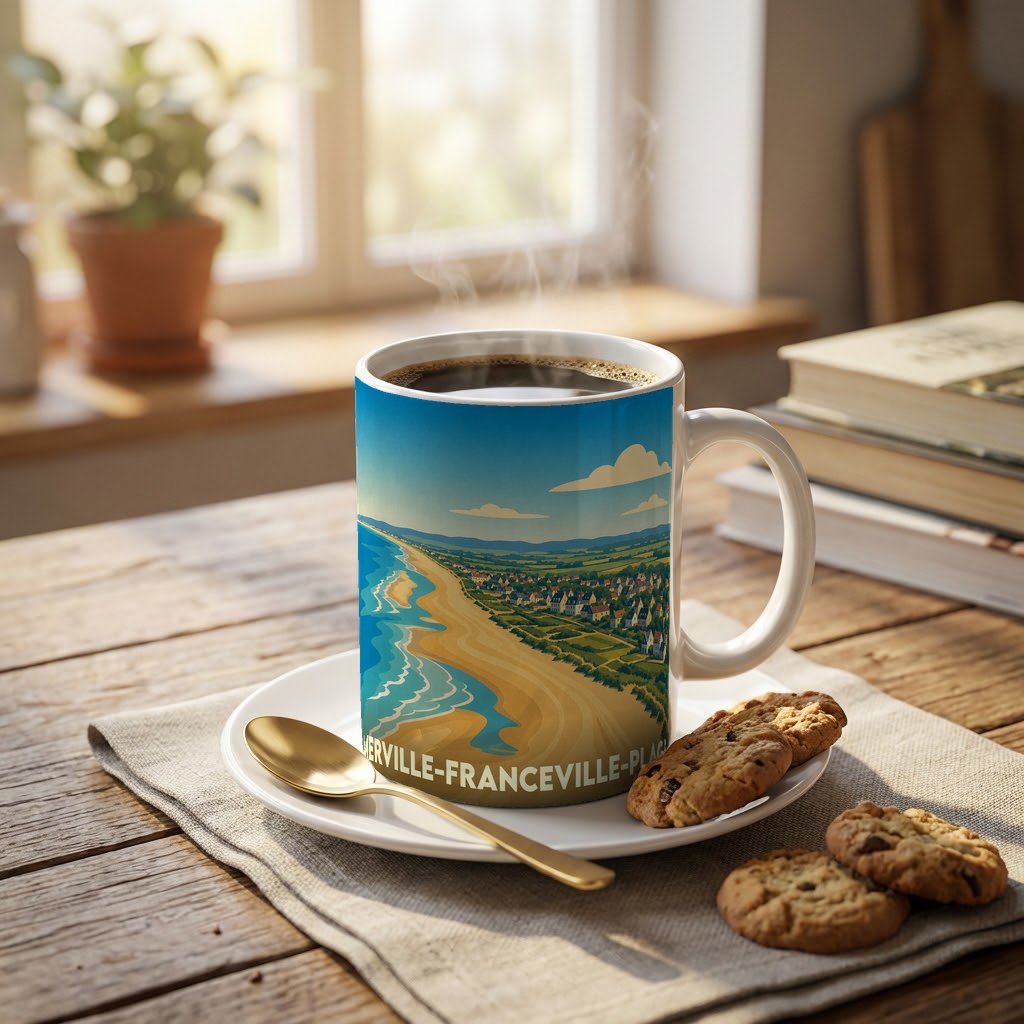 Mug souvenir de la ville de Merville-Franceville-Plage orné d'une illustration stylisée de son littoral.