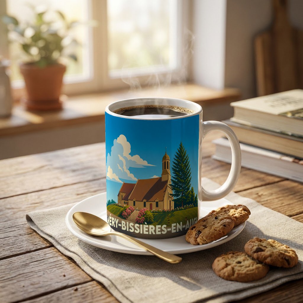 Mug souvenir de la ville de Méry-Bissières-en-Auge avec une illustration stylisée d'une église sous un ciel bleu.