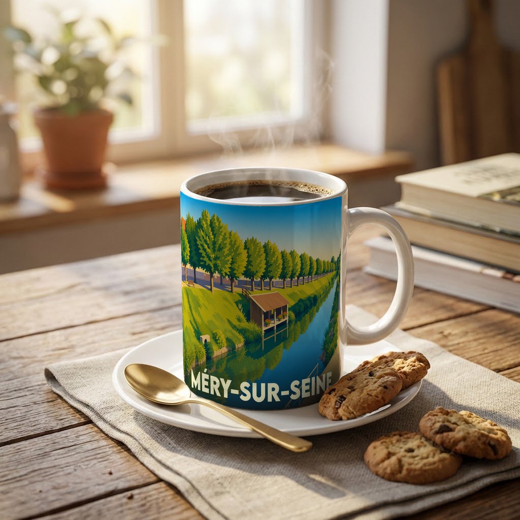 Mug souvenir de la ville de Méry-sur-Seine avec une illustration stylisée d'un canal bordé d'arbres.
