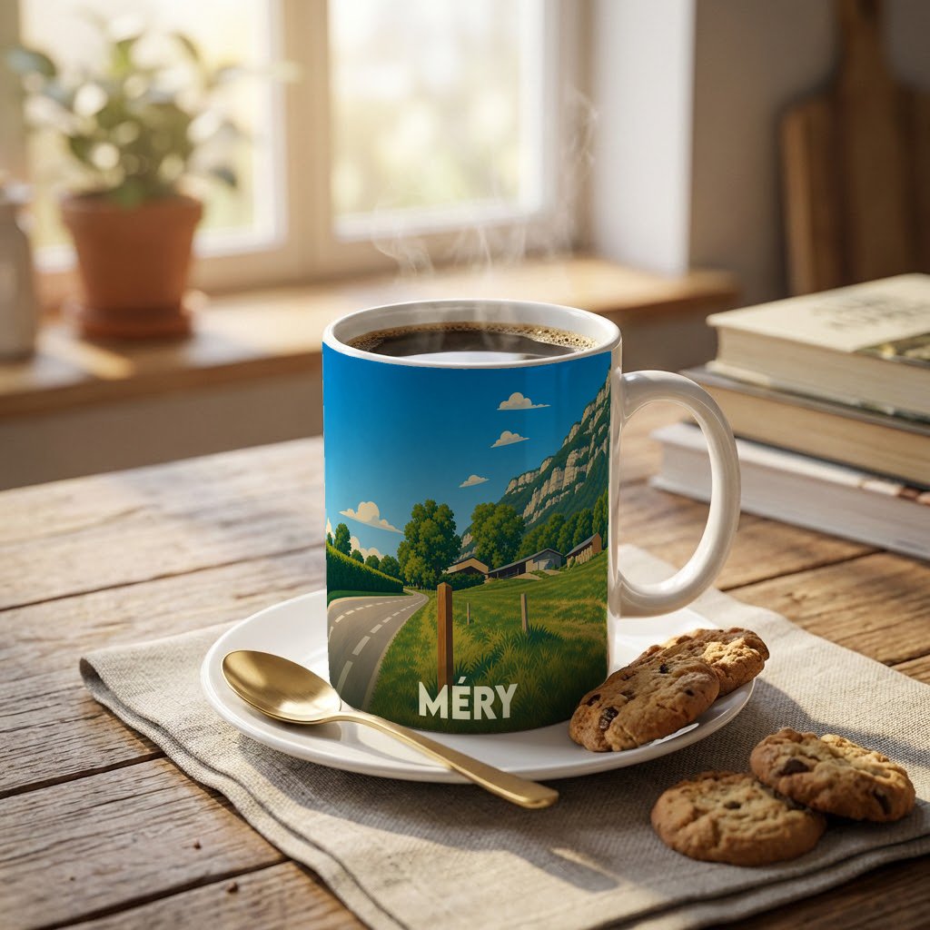 Mug souvenir de la ville de Méry illustré d'un paysage de campagne verdoyant sous un ciel bleu.