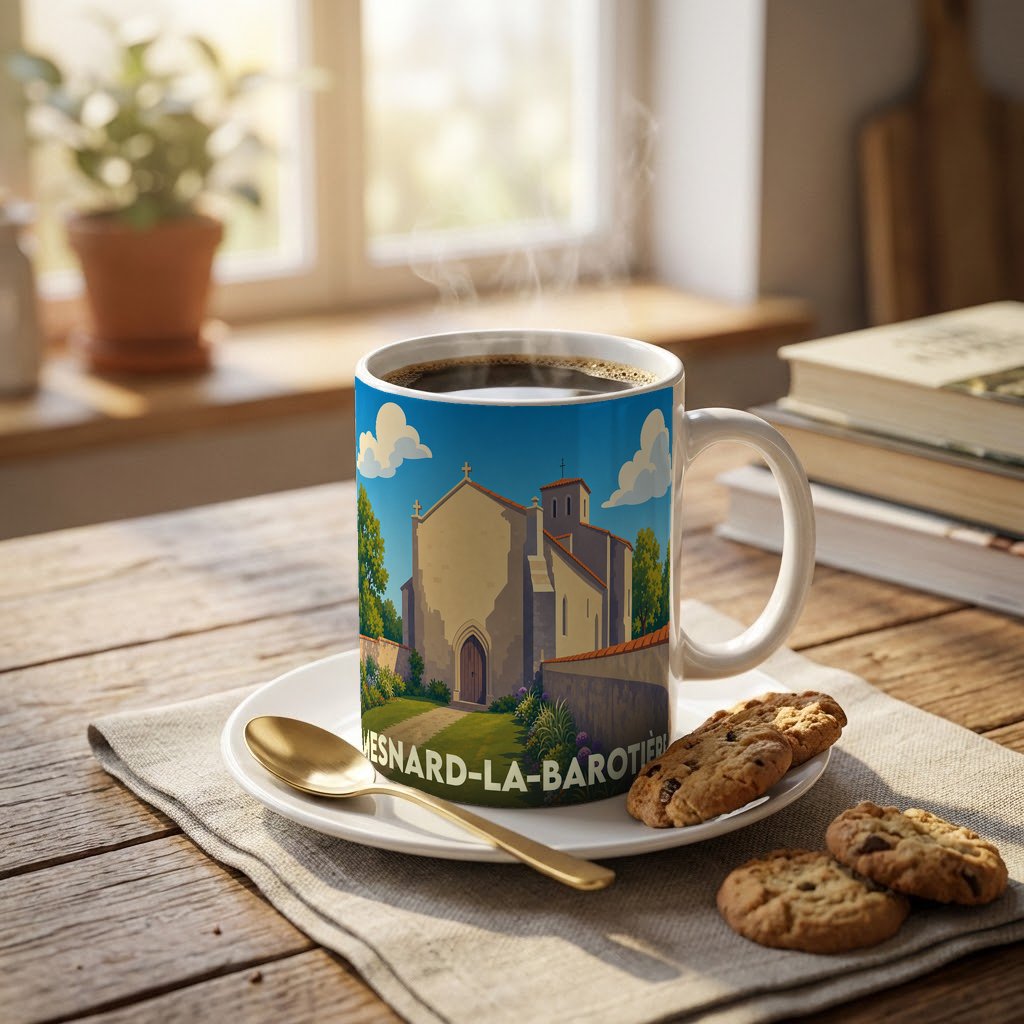 Mug souvenir de la ville de Mesnard-la-Barotière avec une illustration stylisée de son église.