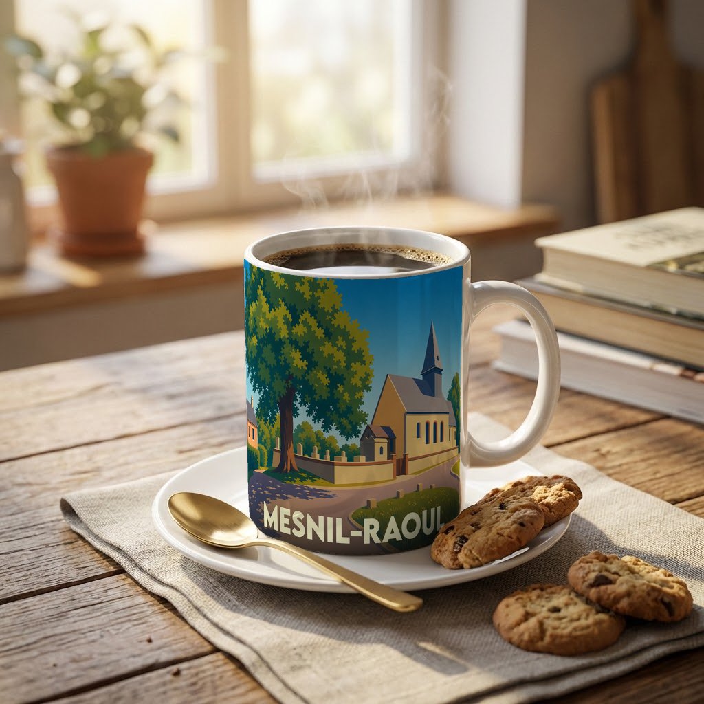 Mug souvenir de la ville de Mesnil-Raoul orné d'une illustration stylisée de son église et de sa nature.