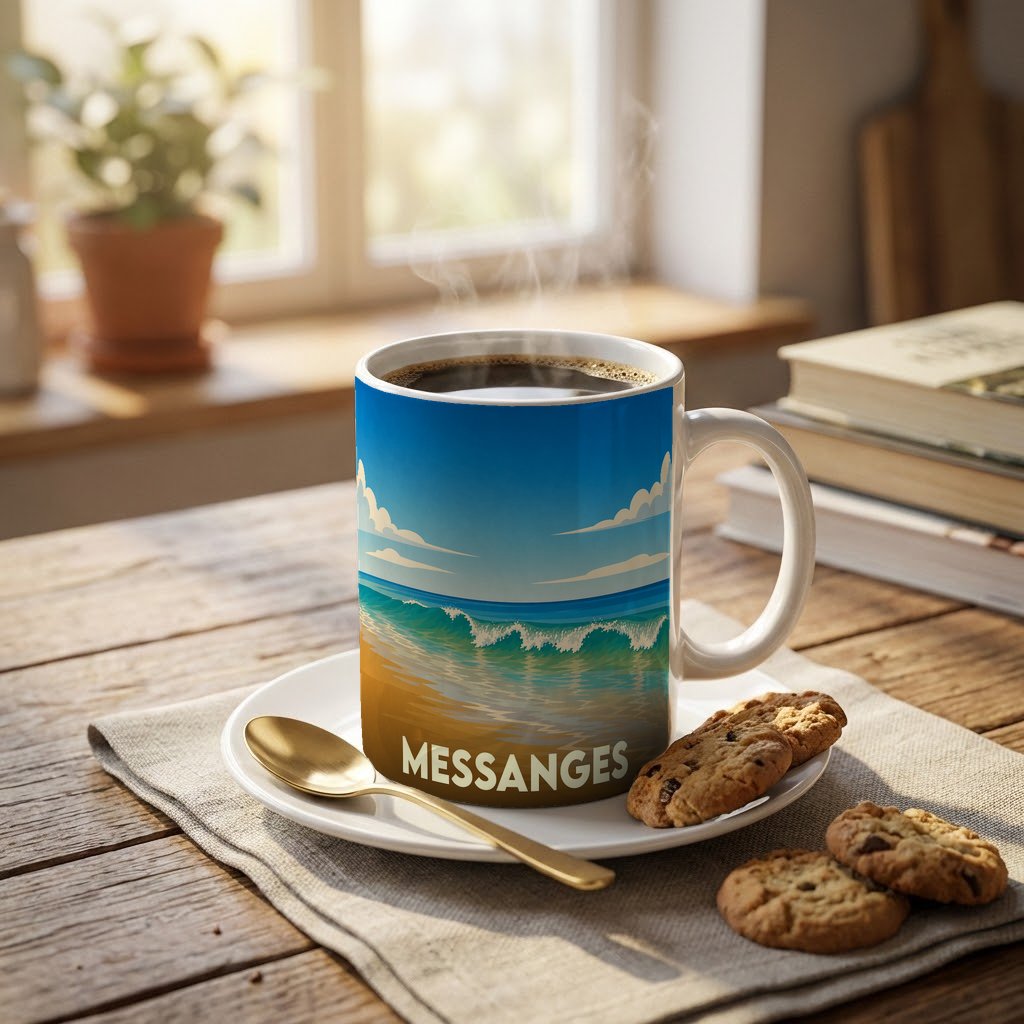 Mug souvenir de la ville de Messanges arborant une illustration de plage avec des vagues.