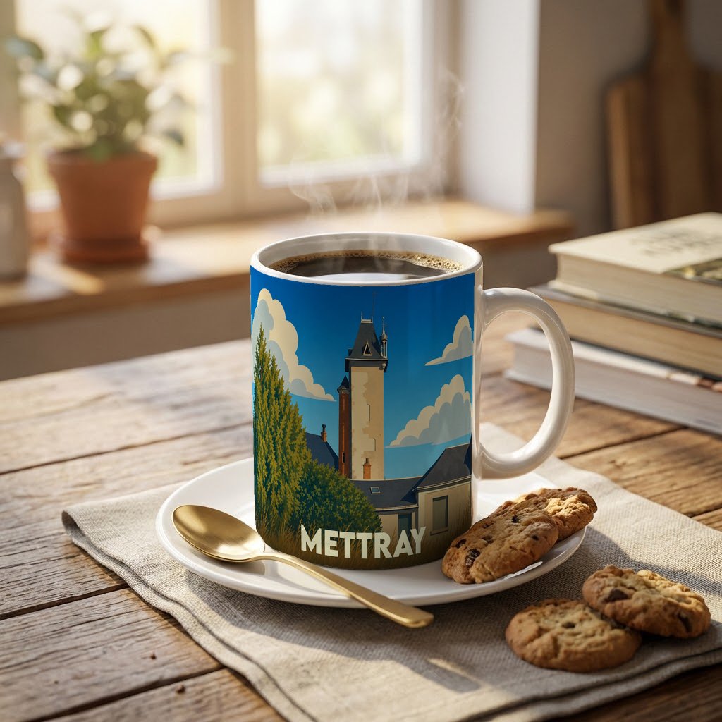 Mug souvenir de la ville de Mettray avec une illustration stylisée d'un clocher.