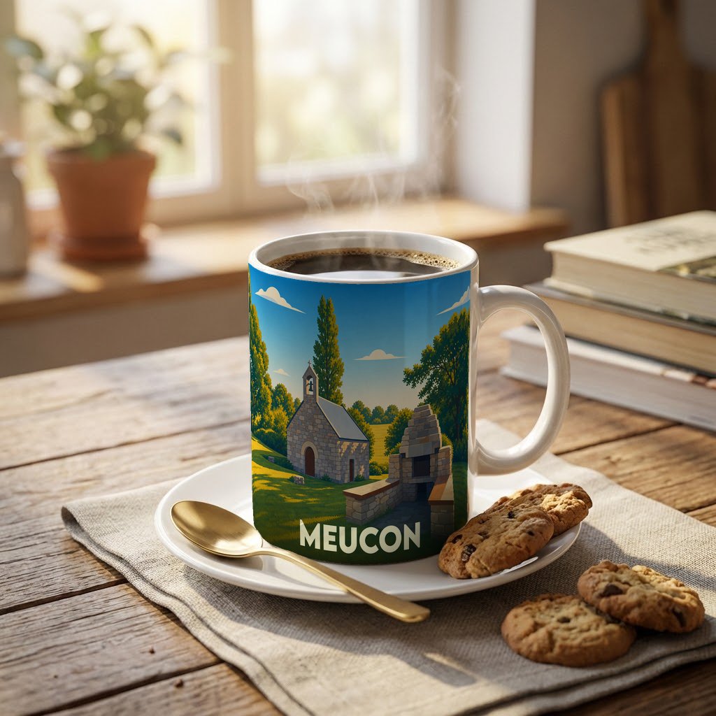 Mug souvenir de la ville de Meucon avec une illustration stylisée d'un paysage local.