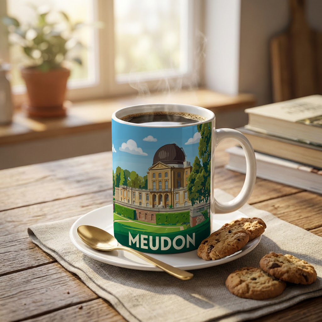 Mug souvenir de la ville de Meudon avec une illustration stylisée.