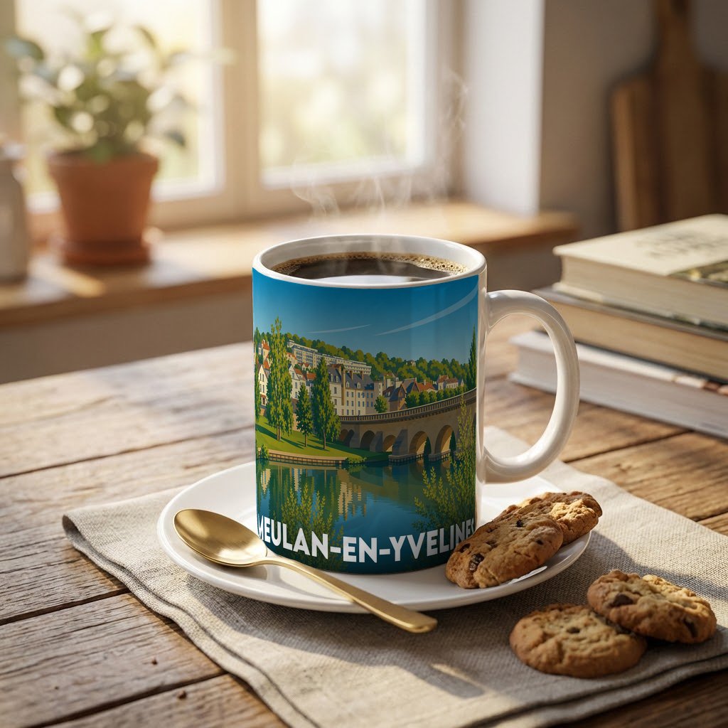 Mug souvenir de la ville de Meulan-en-Yvelines avec une illustration stylisée d'un pont et de son reflet.