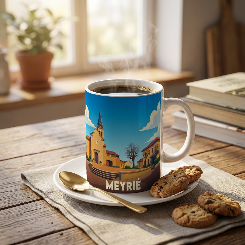 Mug souvenir de la ville de Meyrié avec une illustration stylisée.