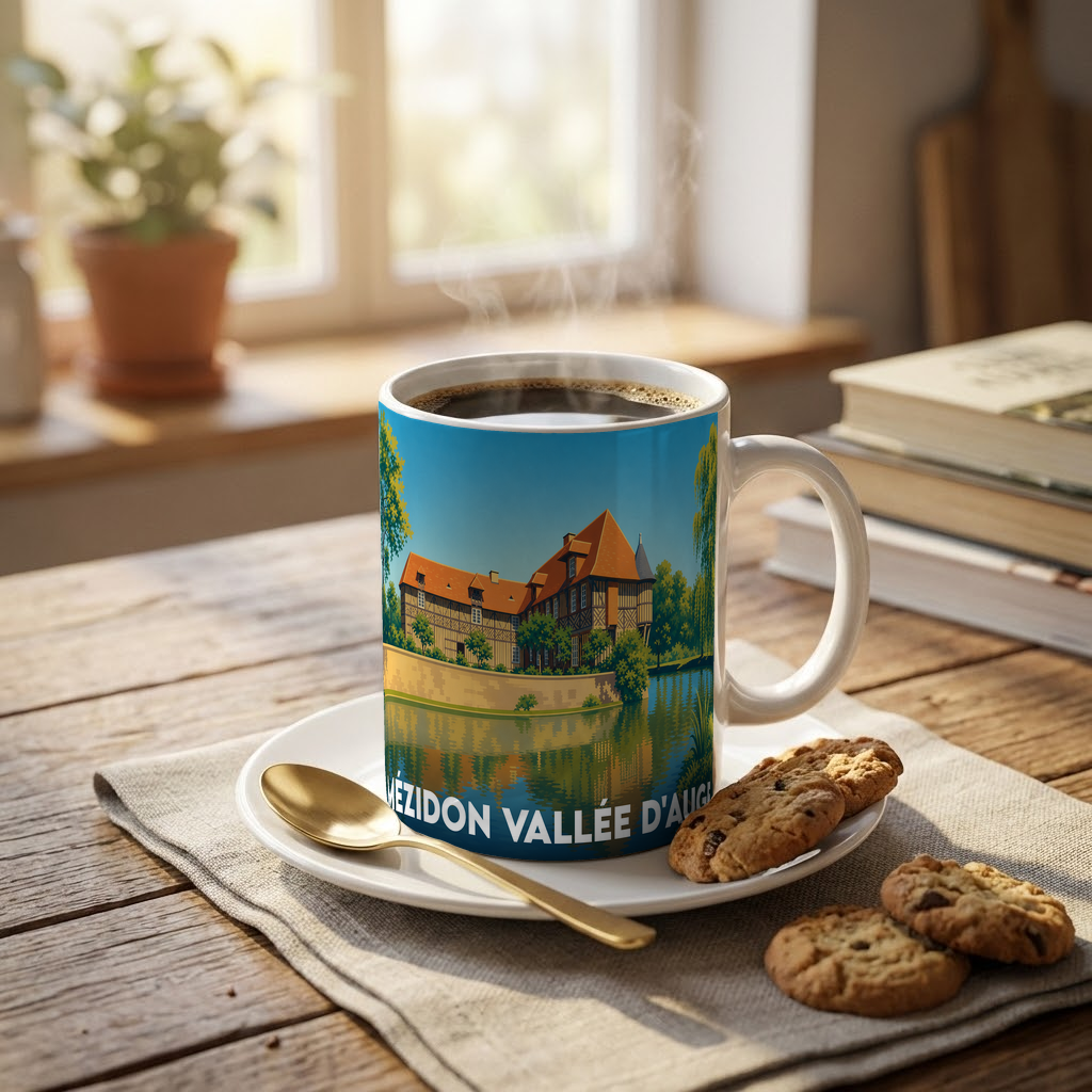 Mug souvenir de la ville de Mézidon Vallée d'Auge orné d'une illustration stylisée de son patrimoine au bord de l'eau.