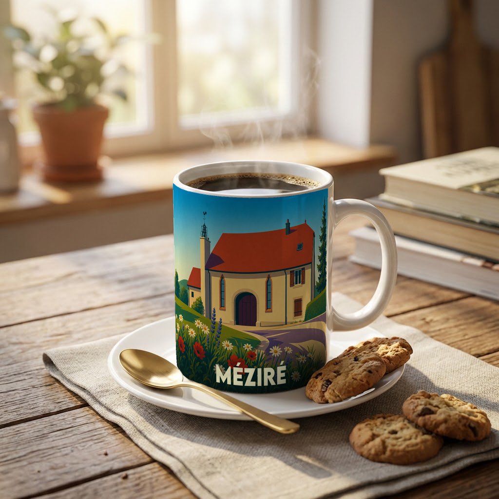 Mug souvenir de la ville de Méziré orné d'une illustration stylisée d'une maison de village et de fleurs sauvages.