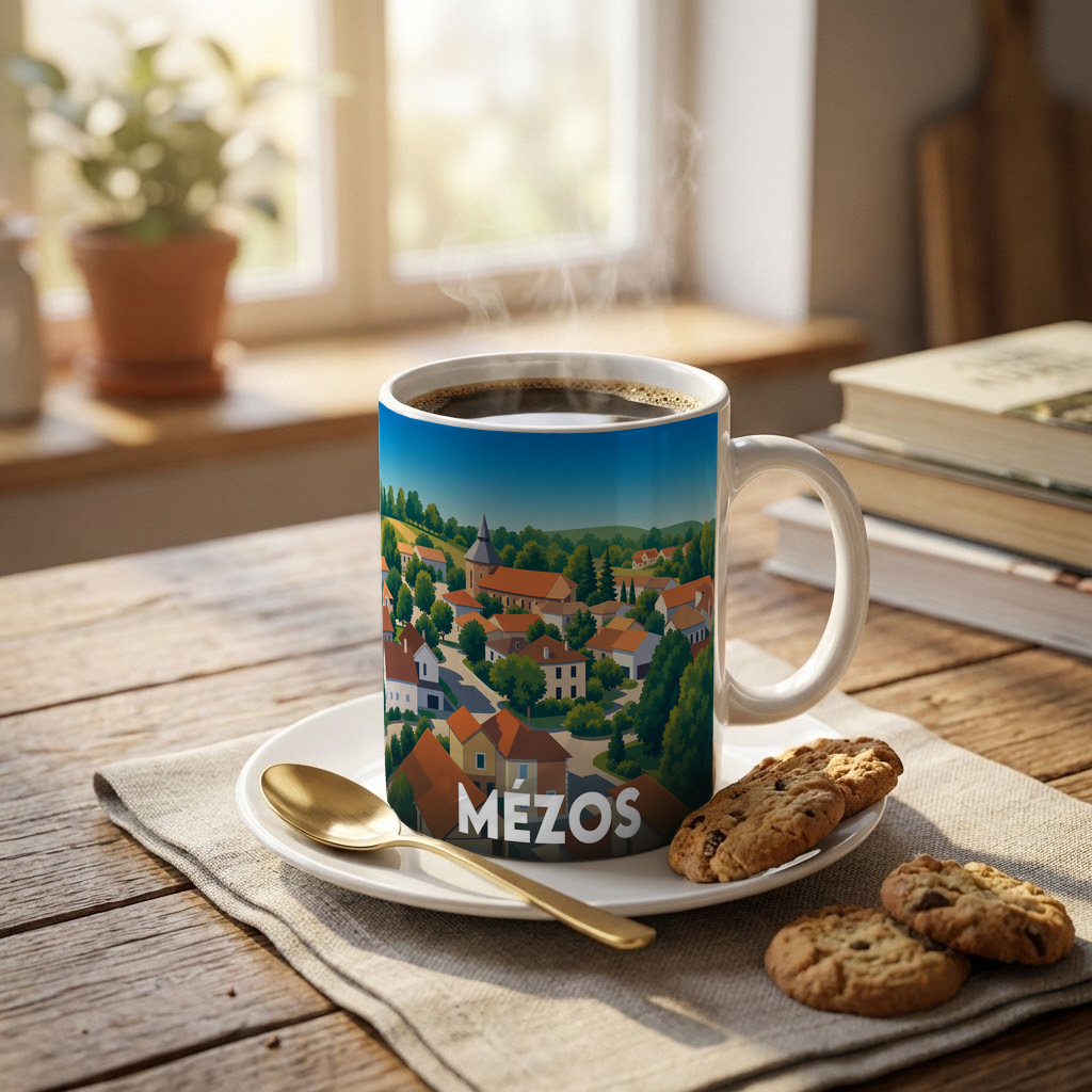 Mug souvenir de la ville de Mézos avec une illustration stylisée d'un village.
