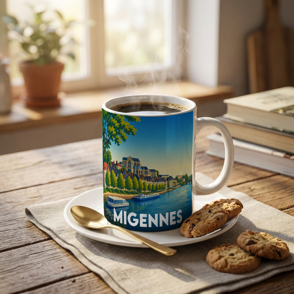 Mug souvenir de la ville de Migennes avec une illustration colorée des bords de l'Yonne.