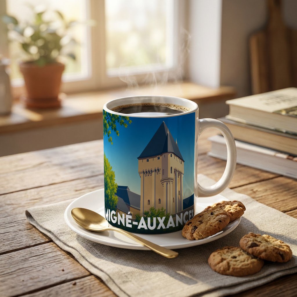 Mug souvenir de la ville de Migné-Auxances avec une illustration stylisée de son patrimoine.