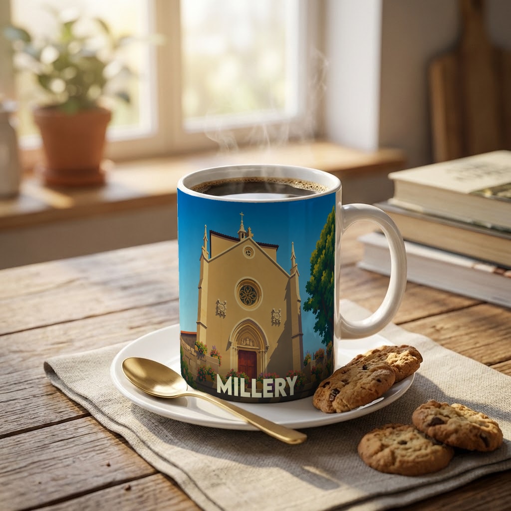 Mug souvenir de la ville de Millery avec une illustration stylisée de son église.