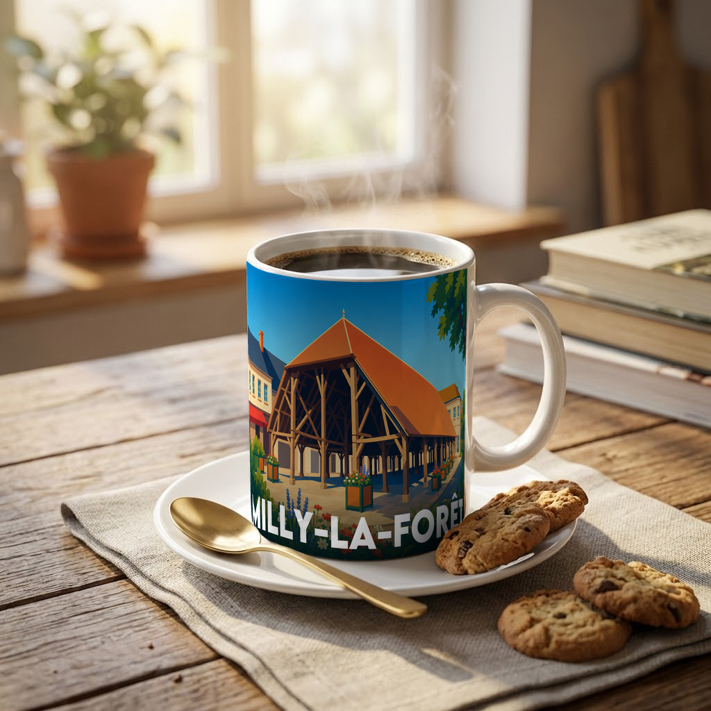 Mug souvenir de la ville de Milly-la-Forêt avec une illustration stylisée de sa halle historique.