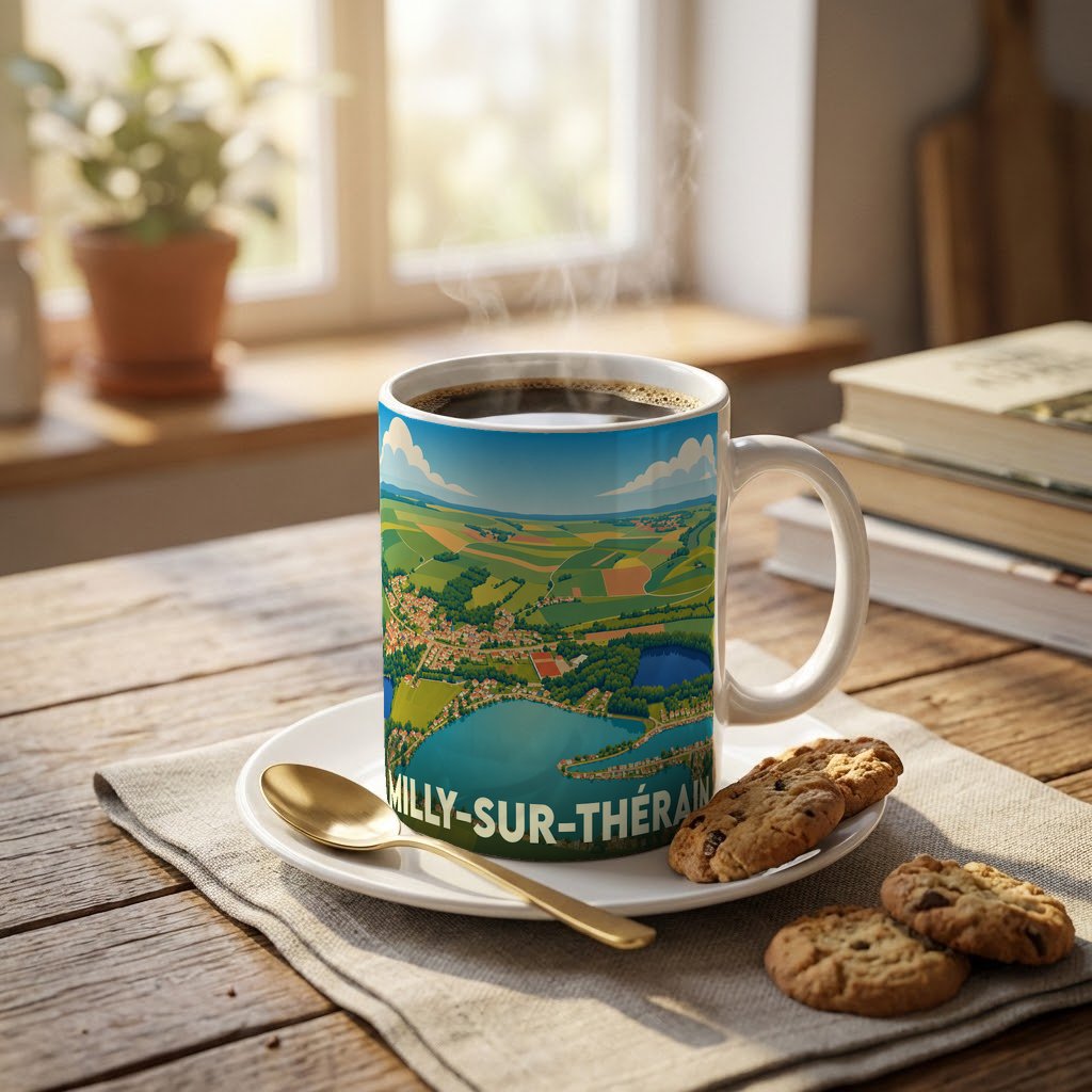 Mug souvenir de la ville de Milly-sur-Thérain avec une illustration paysagère stylisée.