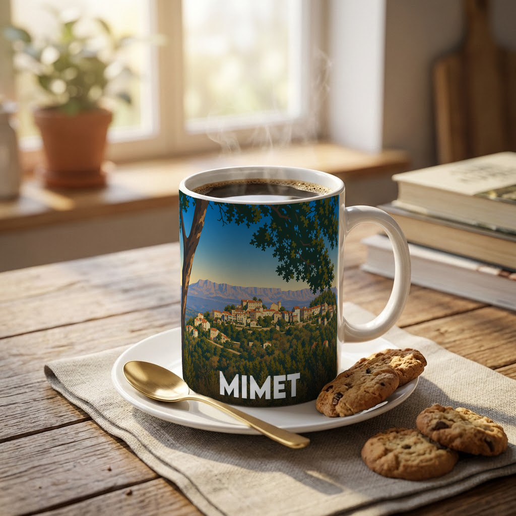 Mug souvenir de la ville de Mimet avec une illustration stylisée de son village perché.