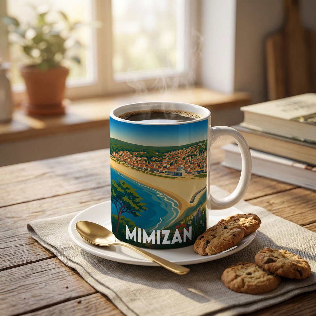 Mug souvenir de la ville de Mimizan orné d'une illustration stylisée de sa plage et de son front de mer.