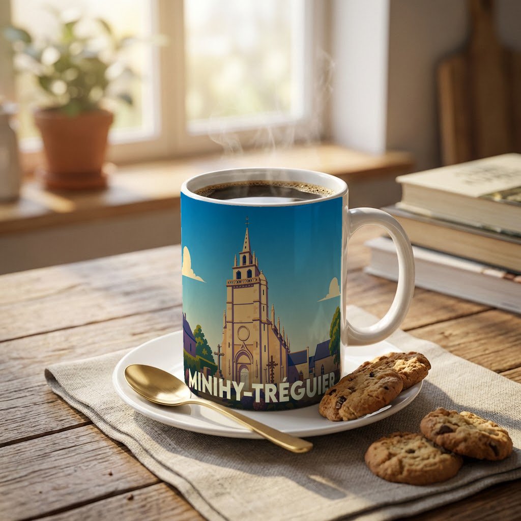 Mug souvenir de la ville de Minihy-Tréguier orné d'une illustration stylisée de son église.