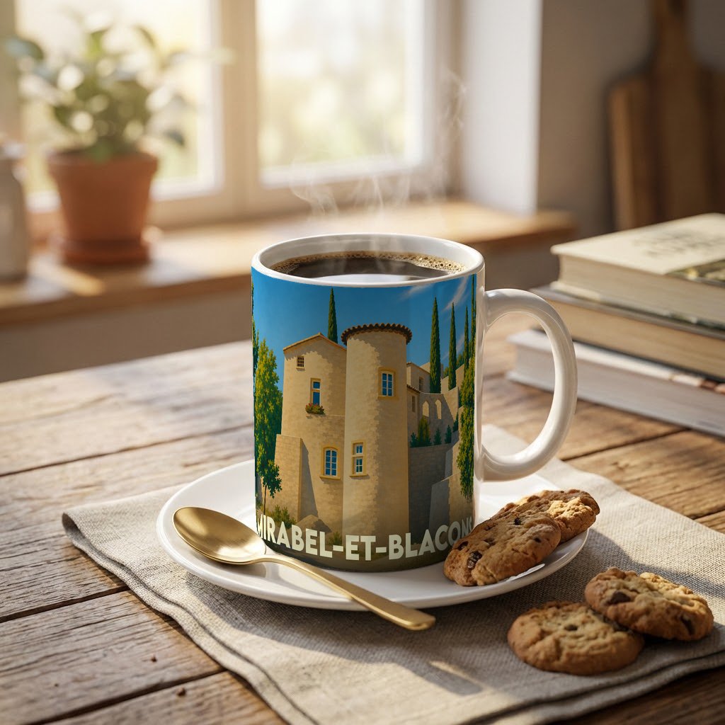 Mug souvenir de la ville de Mirabel-et-Blacons avec une illustration stylisée d'un château provençal sous un ciel bleu.