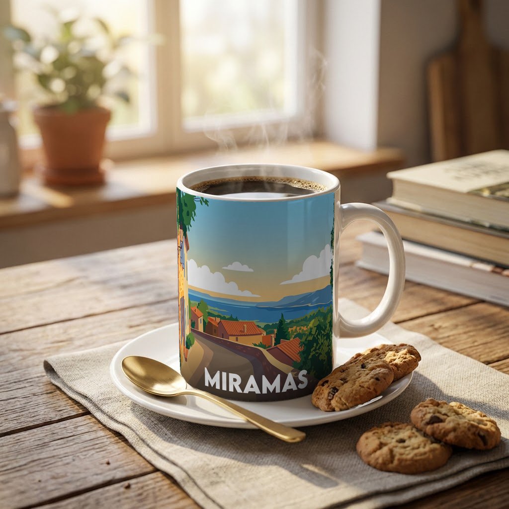 Mug souvenir de la ville de Miramas avec une illustration paysagère stylisée.