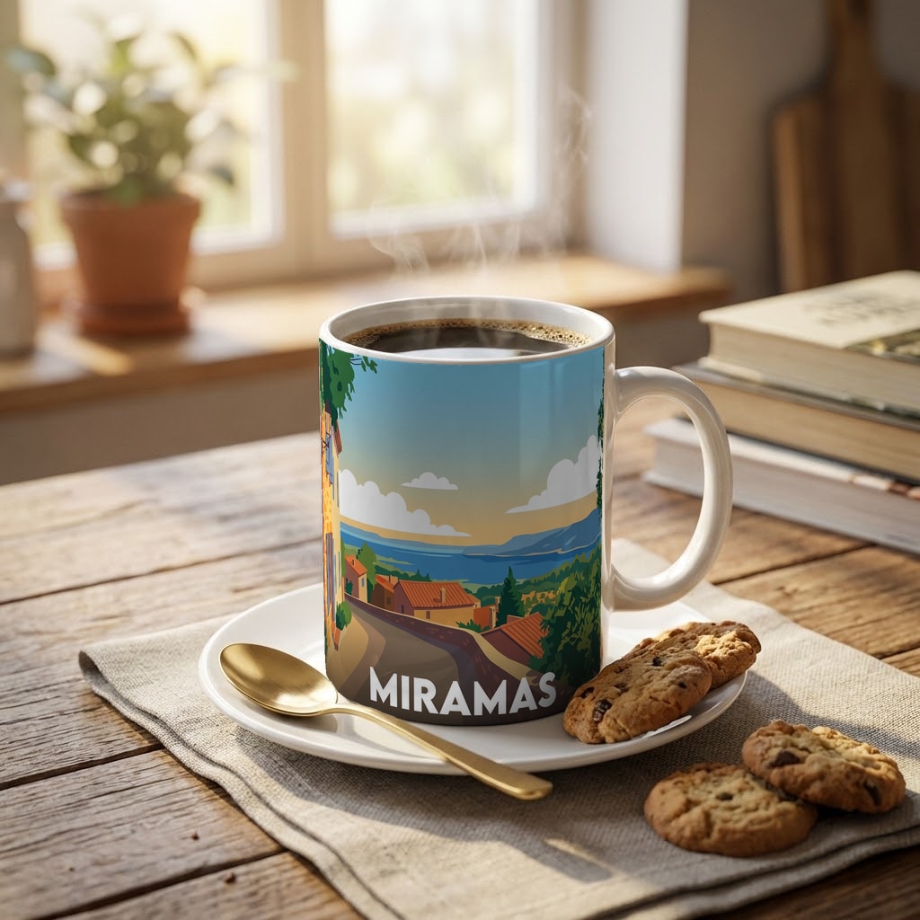 Mug souvenir de la ville de Miramas avec une illustration paysagère stylisée.