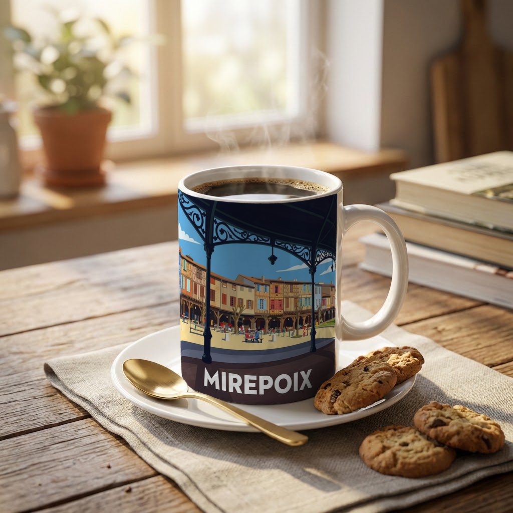 Mug souvenir de la ville de Mirepoix avec une illustration stylisée.