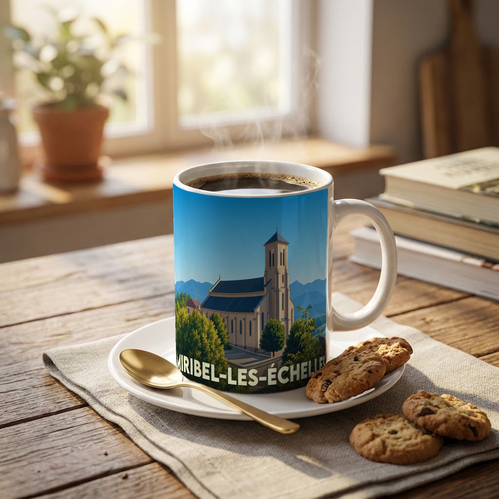 Mug souvenir de la ville de Miribel-les-Échelles avec une illustration stylisée de son église et des montagnes.