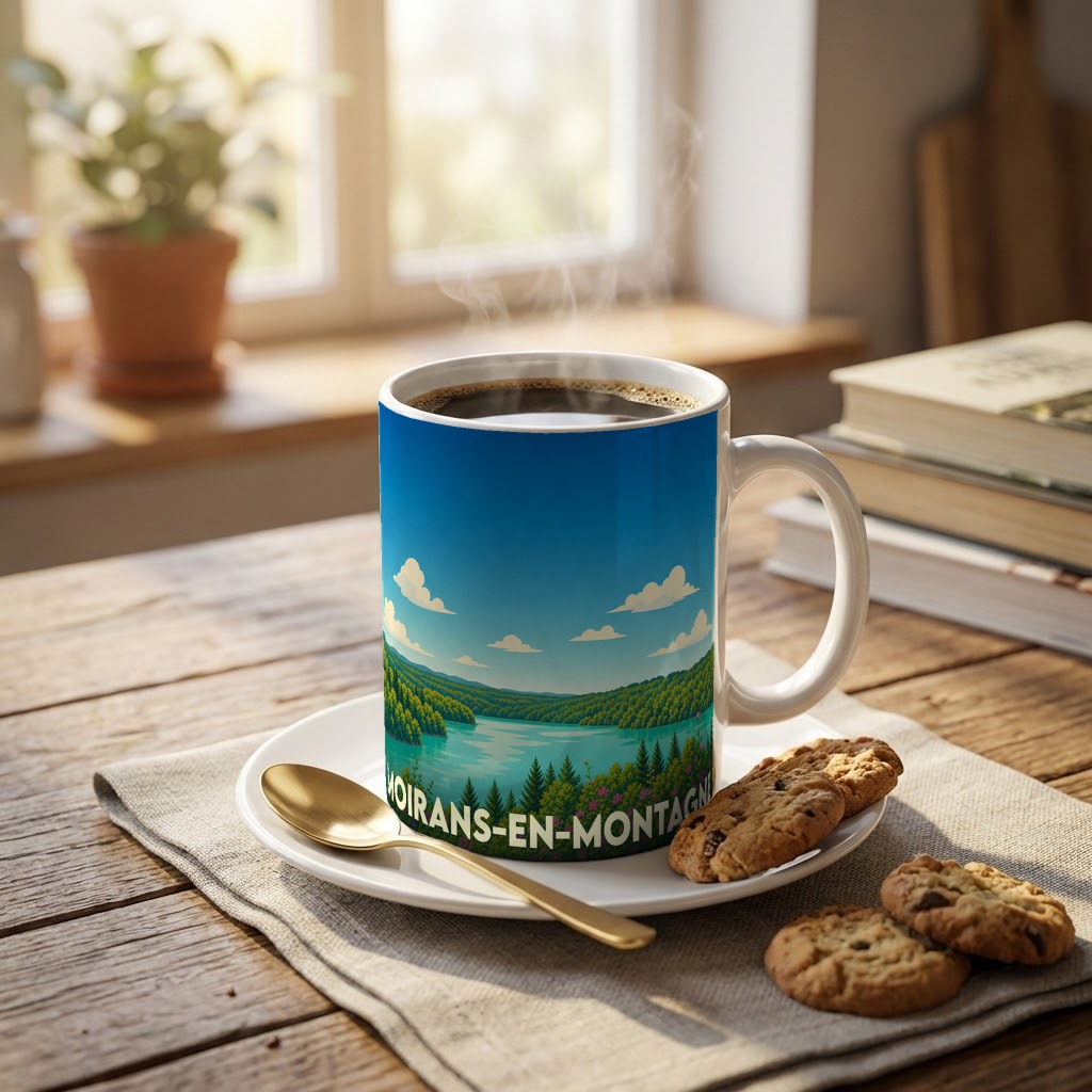 Mug souvenir de la ville de Moirans-en-Montagne avec une illustration stylisée d'un lac entouré de forêts.