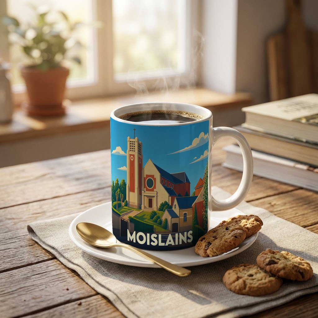 Mug souvenir de la ville de Moislains avec une illustration stylisée de son église.
