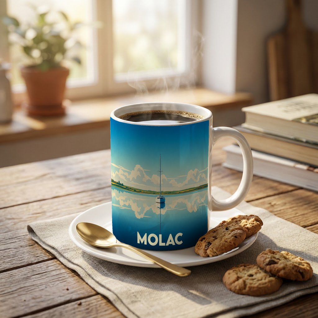 Mug souvenir de la ville de Molac orné d'une illustration d'un voilier sur l'eau.