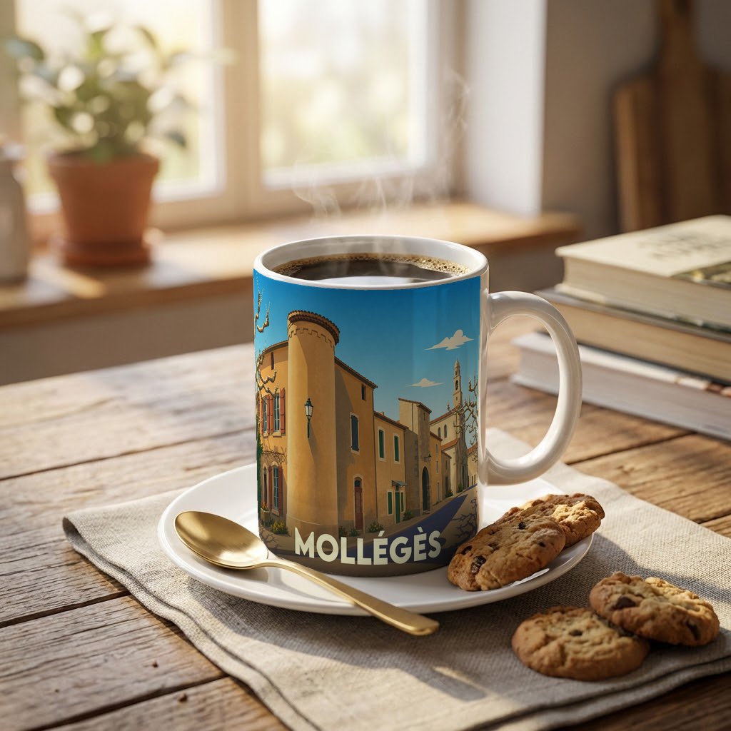 Mug souvenir de la ville de Mollégès avec une illustration stylisée d'un paysage urbain provençal.