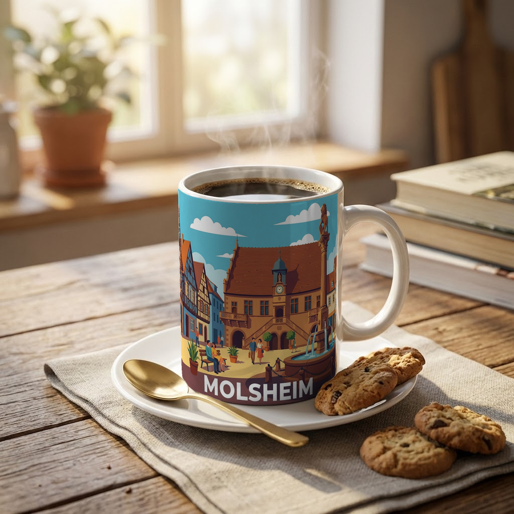 Mug souvenir de la ville de Molsheim avec une illustration stylisée de son centre historique.