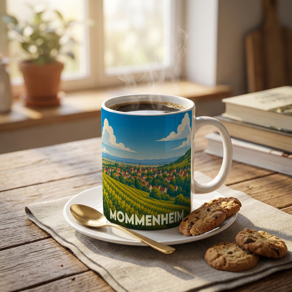 Mug souvenir de la ville de Mommenheim avec une illustration stylisée de ses paysages vallonnés.