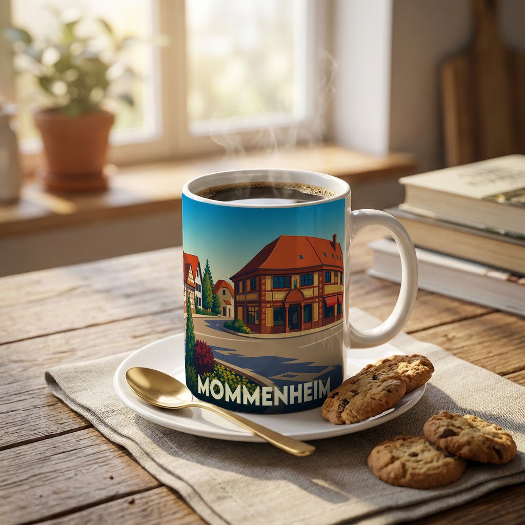 Mug souvenir de la ville de Mommenheim orné d'une illustration stylisée de ses bâtiments traditionnels.