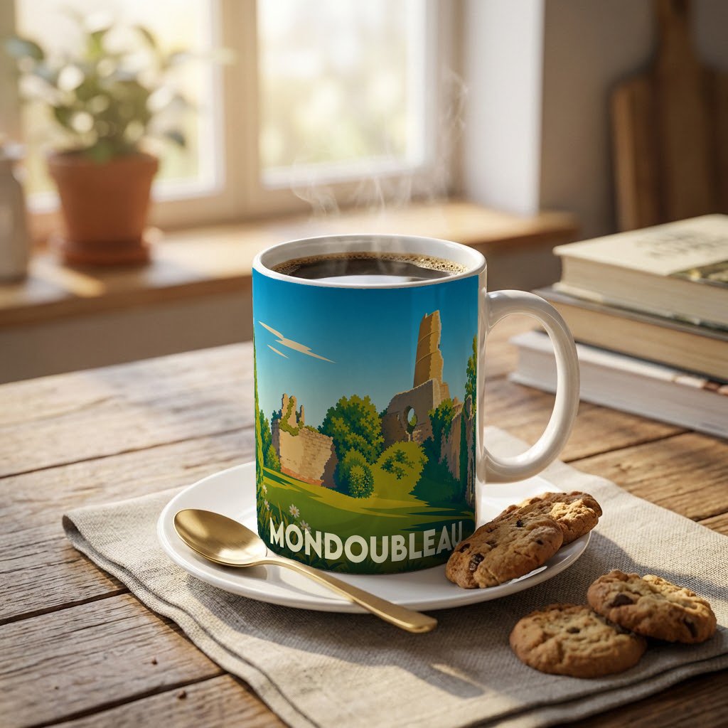 Mug souvenir de la ville de Mondoubleau orné d'une illustration stylisée de ses ruines médiévales.