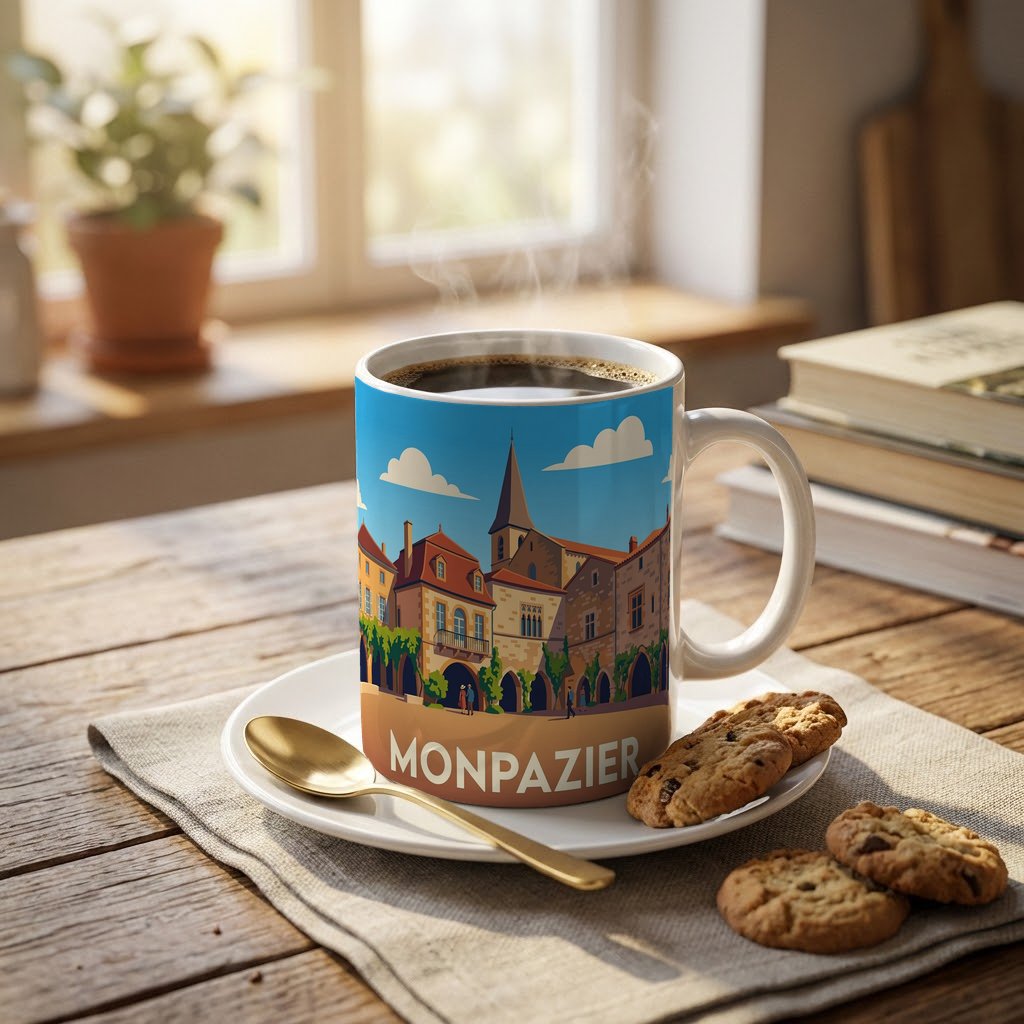Mug souvenir de la ville de Monpazier avec une illustration stylisée de son architecture médiévale.