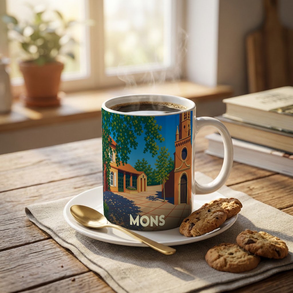Mug souvenir de la ville de Mons orné d'une illustration stylisée de son architecture.