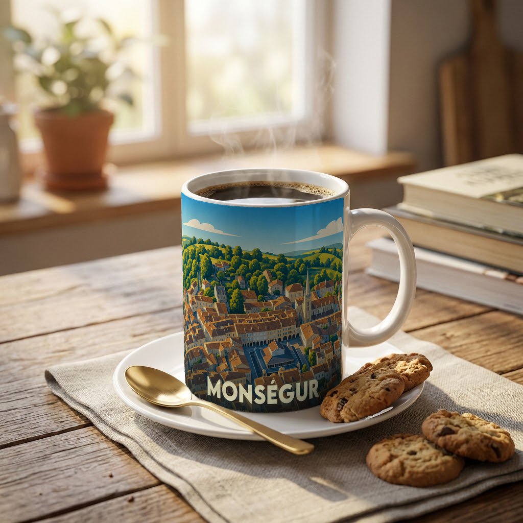 Mug souvenir de la ville de Monségur orné d'une illustration panoramique colorée.