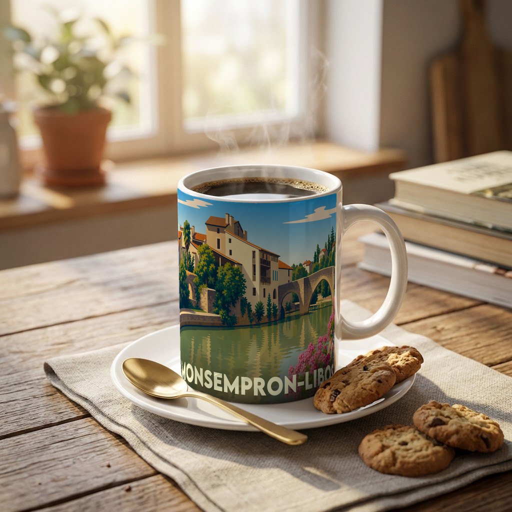 Mug souvenir de la ville de Monsempron-Libos illustré d'un paysage pittoresque au bord de l'eau.