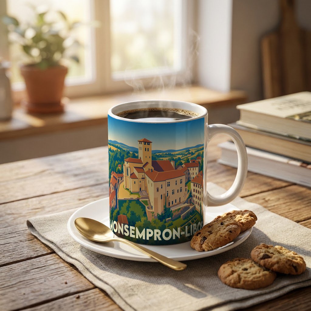 Mug souvenir de la ville de Monsempron-Libos orné d'une illustration panoramique stylisée.