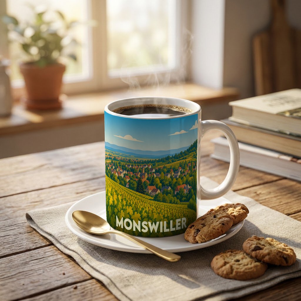 Mug souvenir de la ville de Monswiller orné d'une illustration stylisée de paysages alsaciens.
