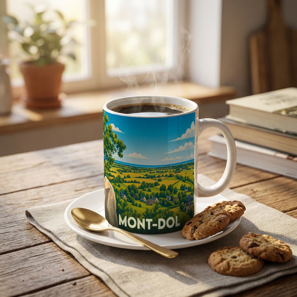 Mug souvenir de la ville de Mont-Dol illustré d'un paysage panoramique verdoyant.