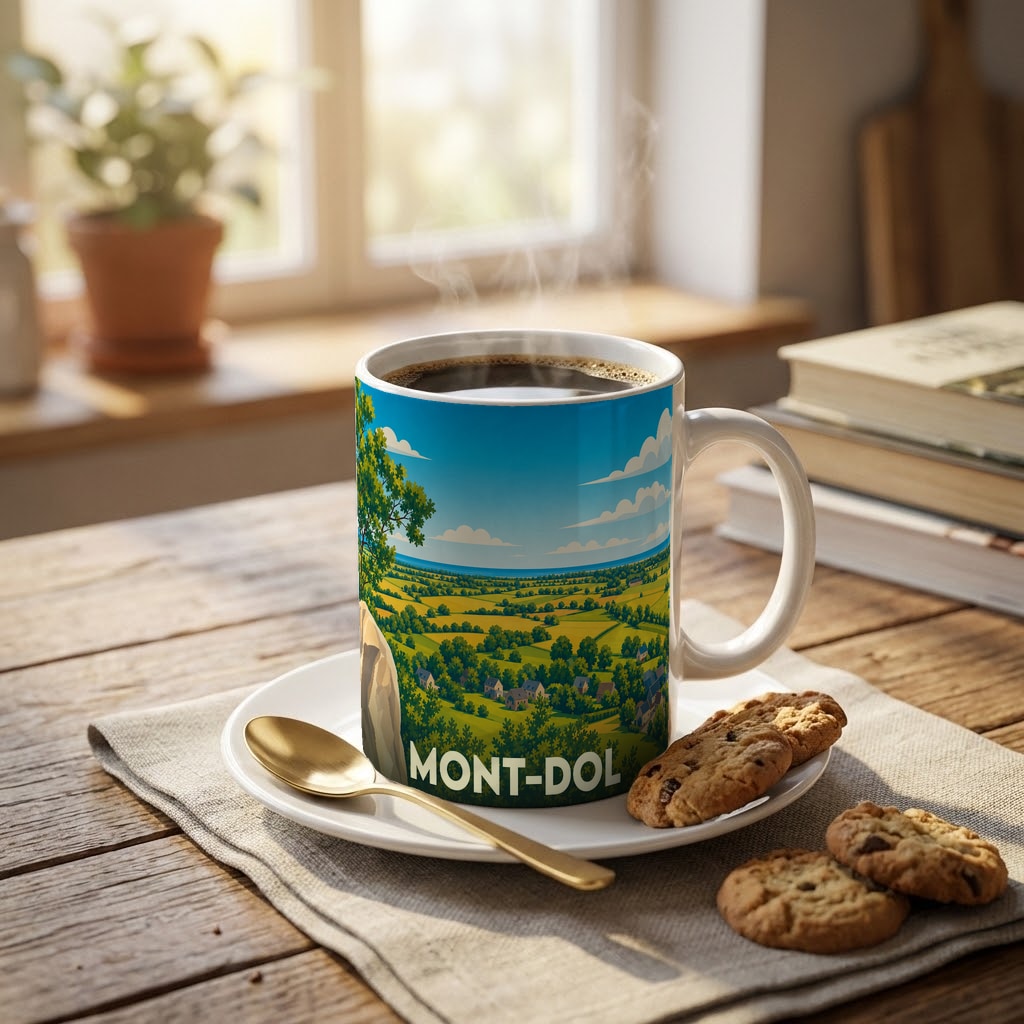 Mug souvenir de la ville de Mont-Dol illustré d'un paysage panoramique verdoyant.