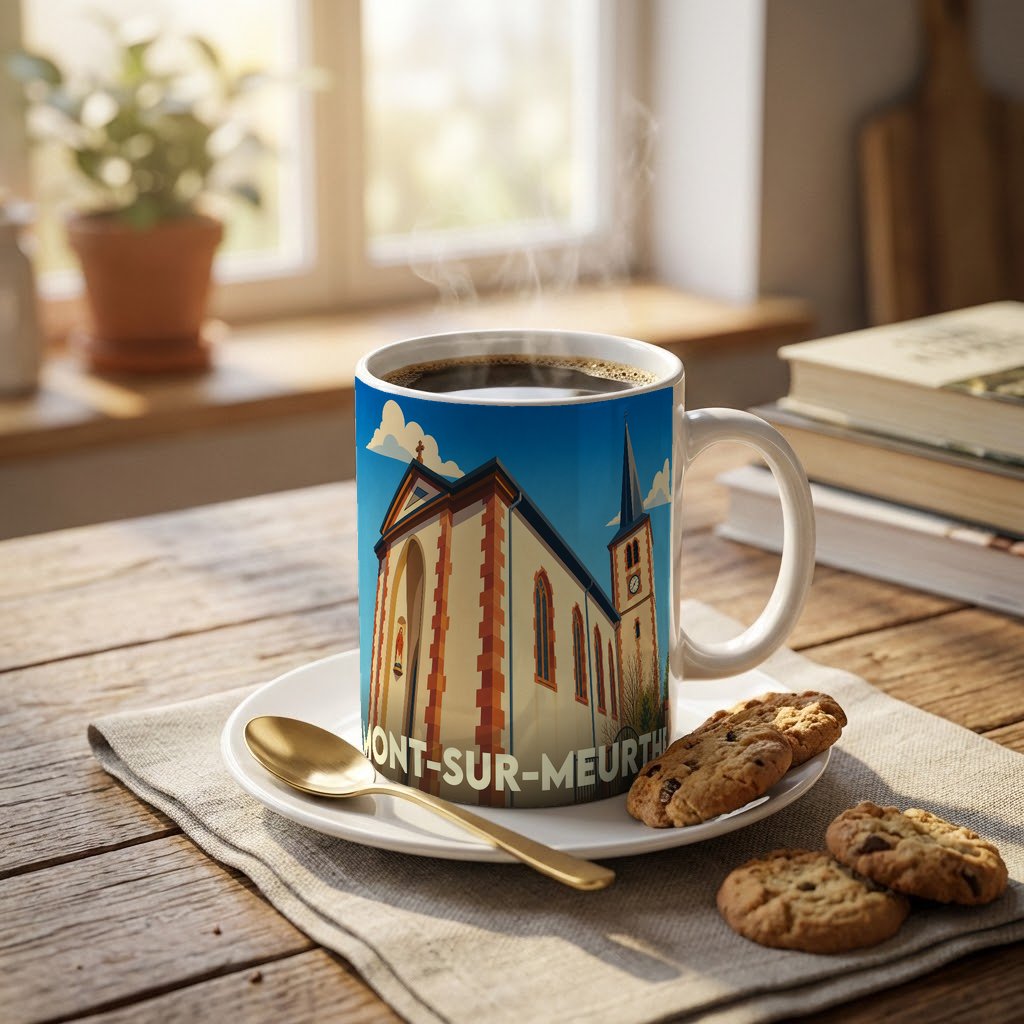 Mug souvenir de la ville de Mont-sur-Meurthe illustré d'un dessin stylisé de son église.