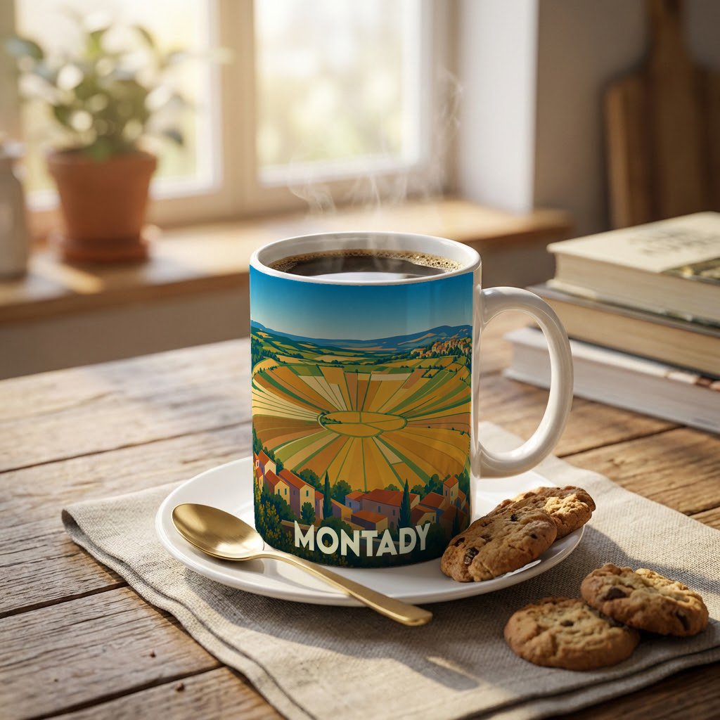 Mug souvenir de la ville de Montady avec une illustration stylisée de son célèbre étang circulaire.
