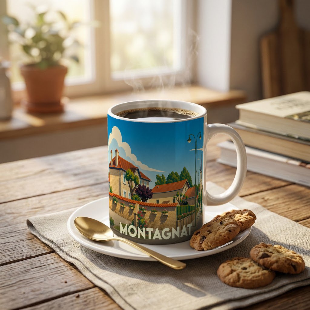 Mug souvenir de la ville de Montagnat avec une illustration stylisée d'un paysage urbain.