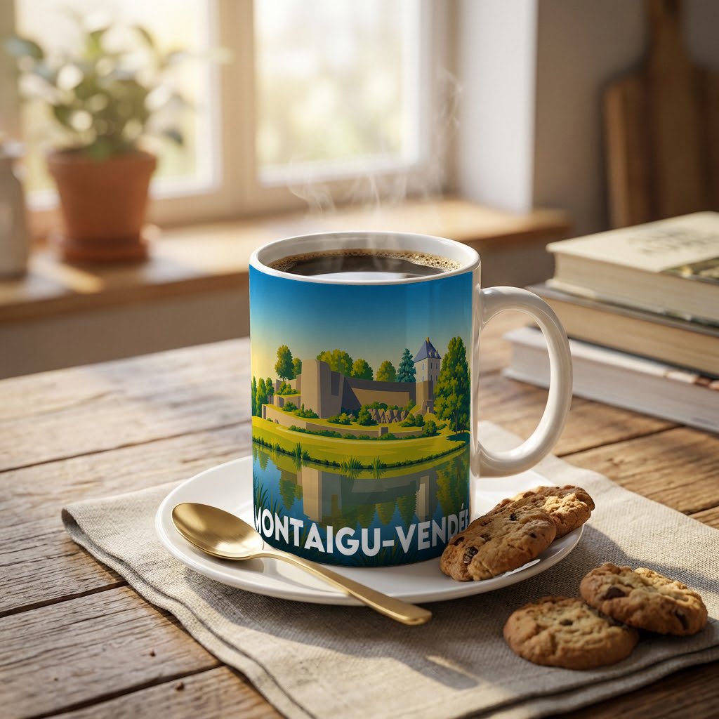 Mug souvenir de la ville de Montaigu-Vendée avec une illustration stylisée de ses remparts.