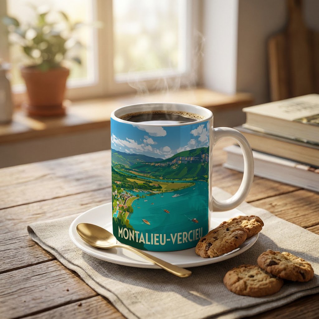 Mug souvenir de la ville de Montalieu-Vercieu avec une illustration stylisée de son paysage.