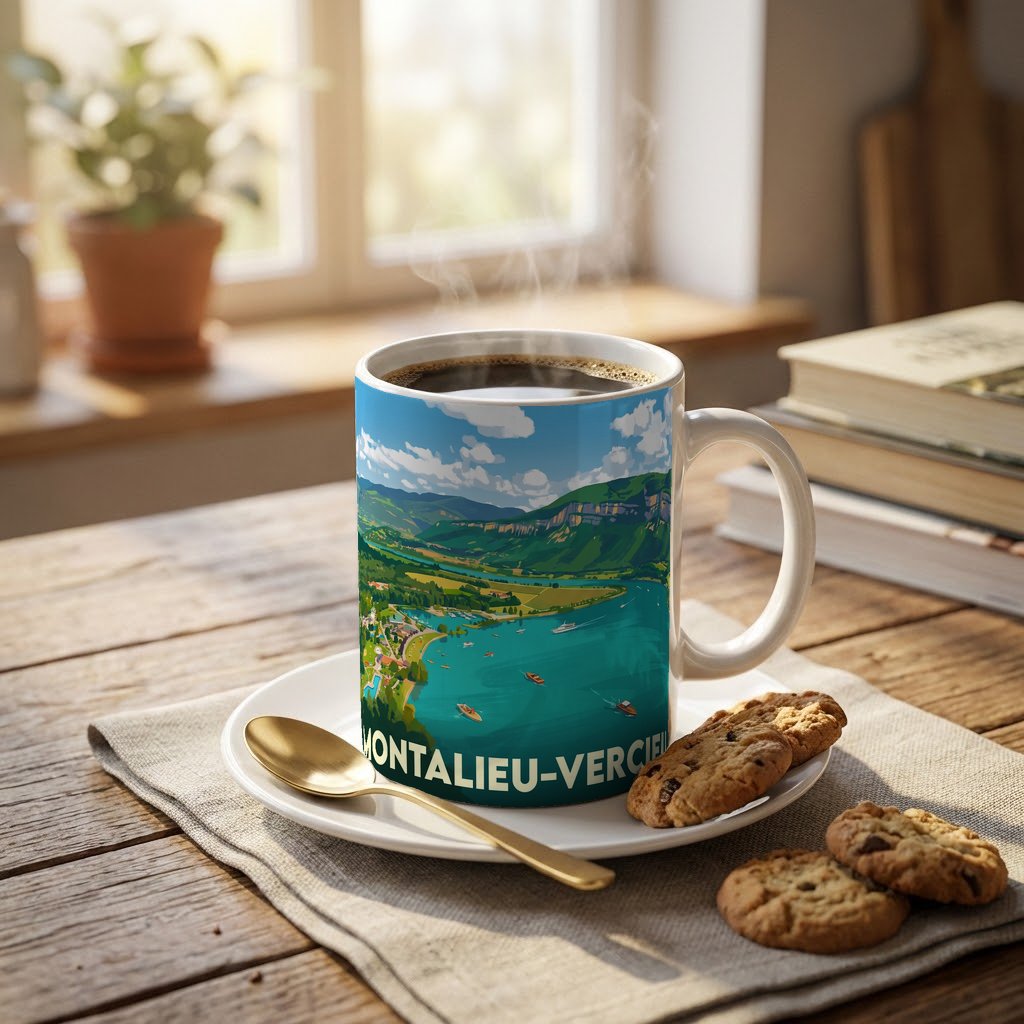 Mug souvenir de la ville de Montalieu-Vercieu avec une illustration stylisée de son paysage.